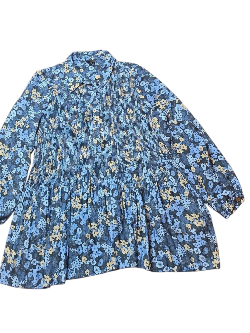 ULLA POPKEN | Flowy Floral Pleated Tunic Swing Blouse Blue Yellow | 16 / 18 - Picture 2 of 9